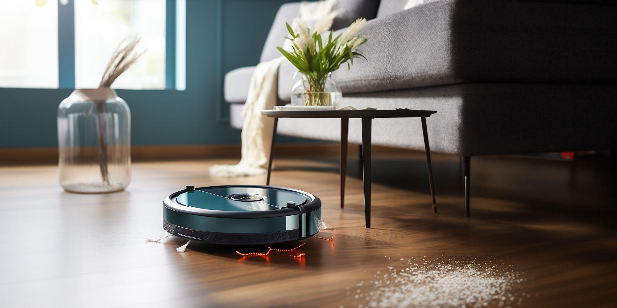 robot aspirador en accion con estetica de casa minimalista