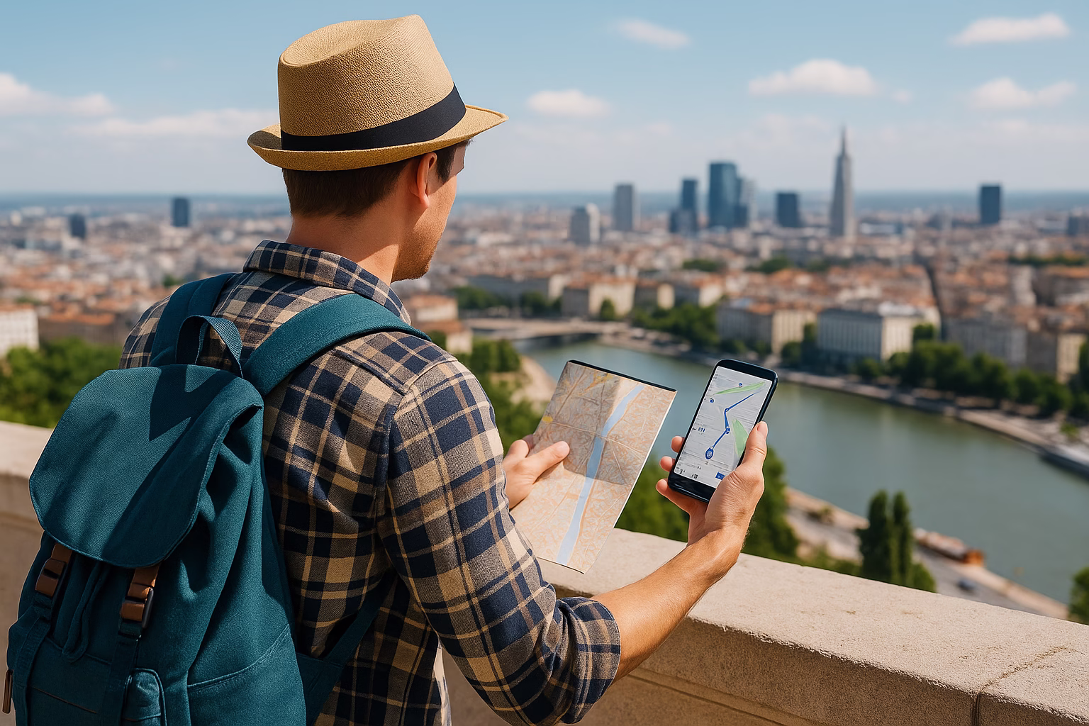 aplicaciones-para-viajar-2025 Persona usando apps de viaje en 2025 con vista panorámica de una ciudad moderna.