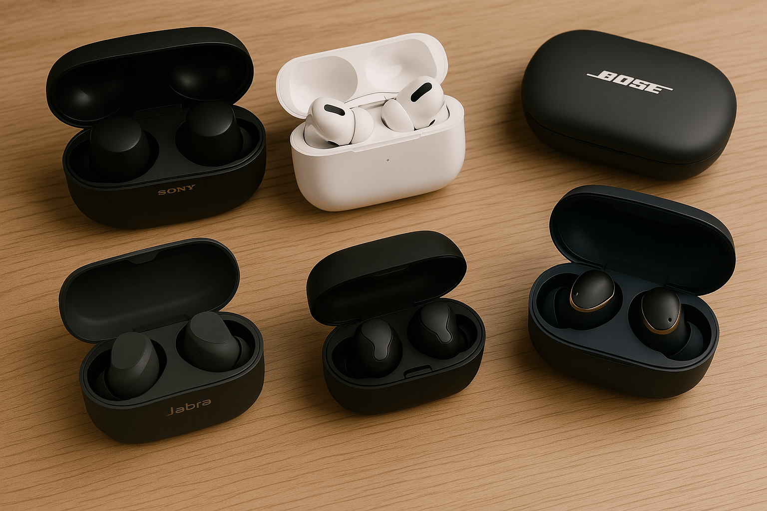 auriculares-inalambricos-2025-principal Cinco auriculares inalámbricos con sus estuches de carga sobre superficie de madera clara: Sony, Apple, Bose, Jabra y Redmi Buds 5 Pro, en composición estética y realista.