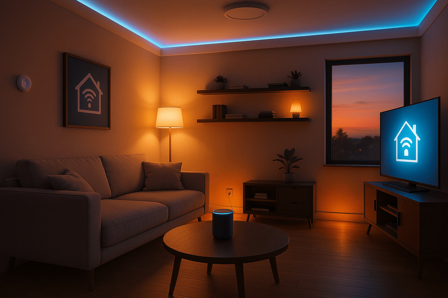 automatizacion-hogar-principal Vista moderna de un hogar automatizado con luces, sensores y asistente de voz activo en el salón