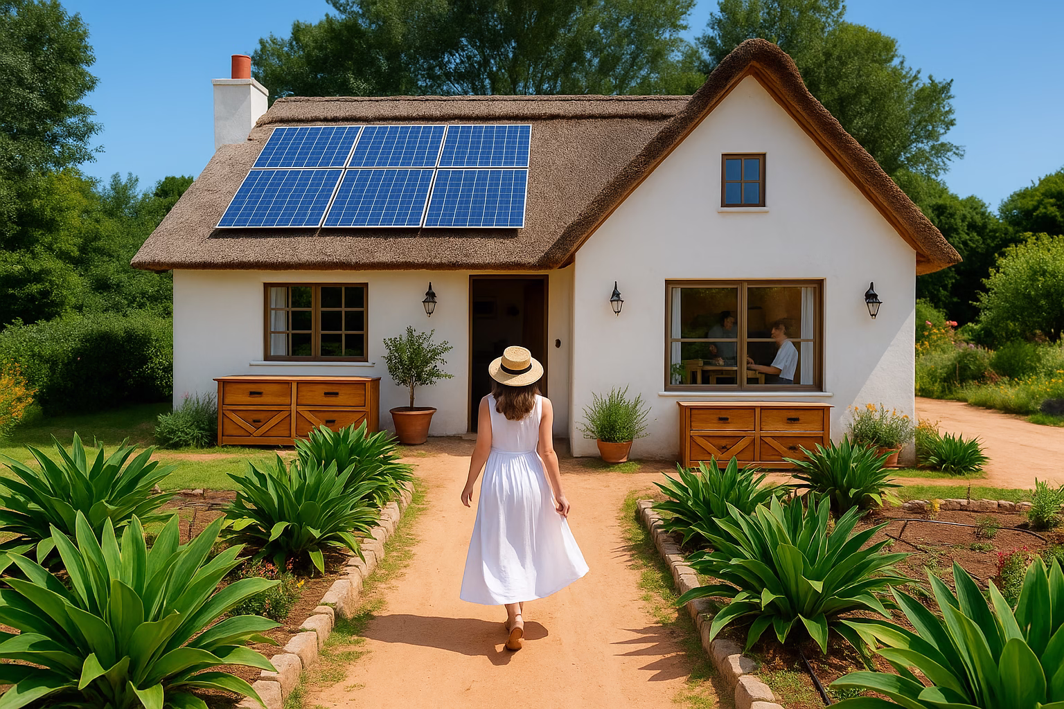 casa-sostenible-paneles-solares-riego-eficiente Casa moderna y luminosa con paneles solares y jardín con riego por goteo, ejemplo de hogar sostenible que ahorra energía y agua.
