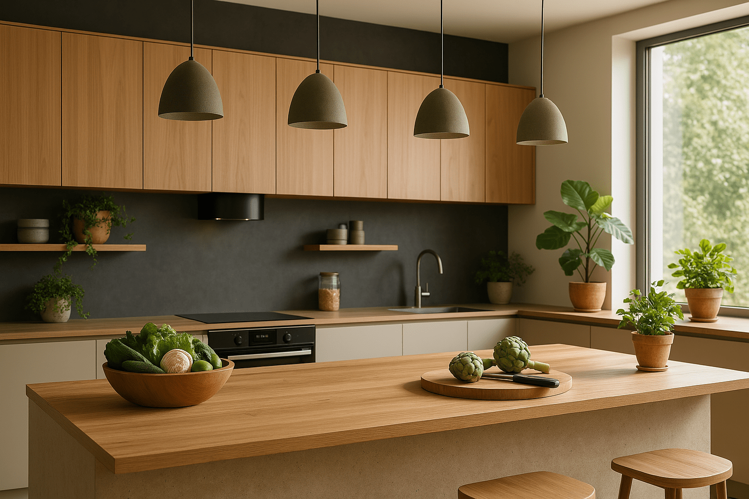 cocinas-eco-sostenibles-principal Cocina eco-sostenible moderna con madera clara, plantas, luz natural y materiales naturales en un ambiente cálido y verde
