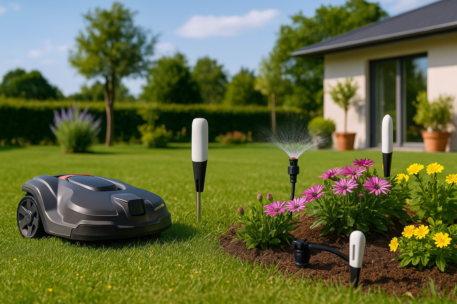 dispositivos-jardineria-inteligente-primavera Jardín con dispositivos de jardinería inteligente funcionando en primavera.