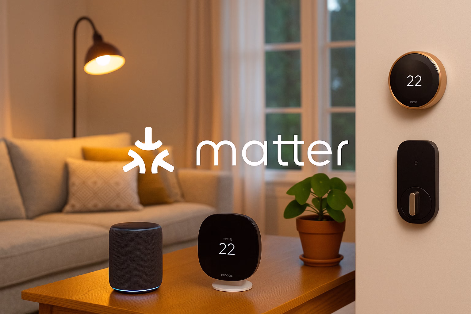 dispositivos-matter-hogar-inteligente Dispositivos compatibles con Matter funcionando juntos en un hogar inteligente.