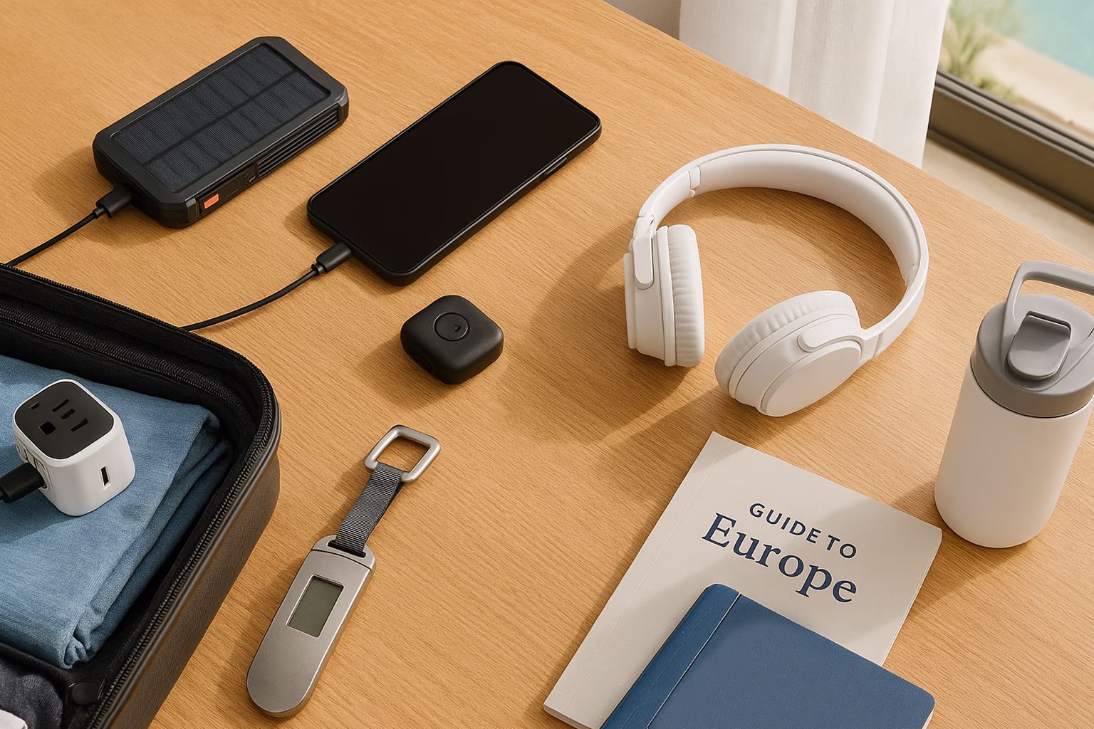 gadgets-viaje-verano-tecnologia Gadgets tecnológicos imprescindibles para viajar en verano organizados sobre mesa luminosa.