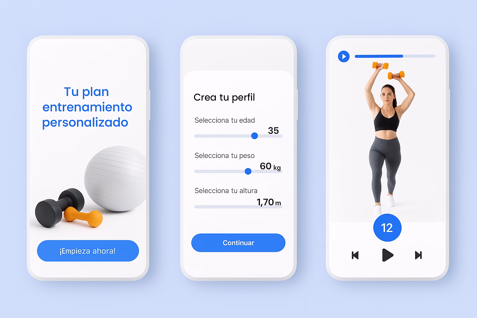 mockup-app-fitness-2025 Diseño conceptual de una app de fitness con pantallas de entrenamiento personalizadas