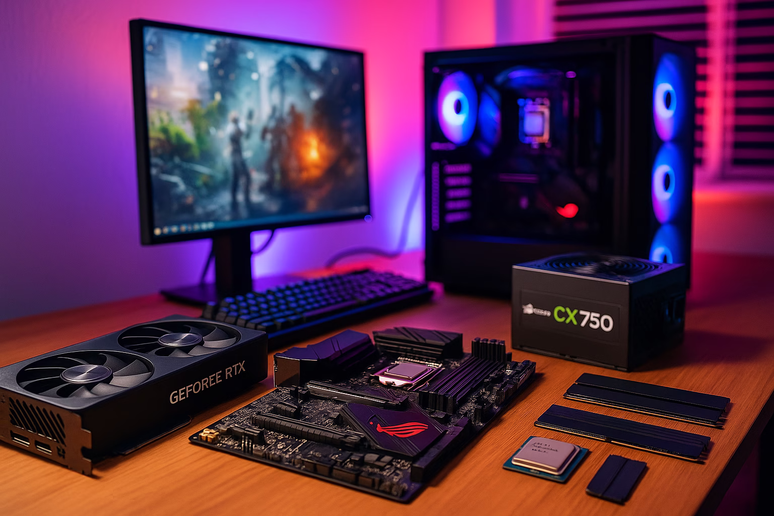 montar-un-pc-gaming-en-2025 Componentes reales de PC gaming 2025 con tarjeta gráfica GeForce RTX 4080 Gigabyte lista para ensamblar.