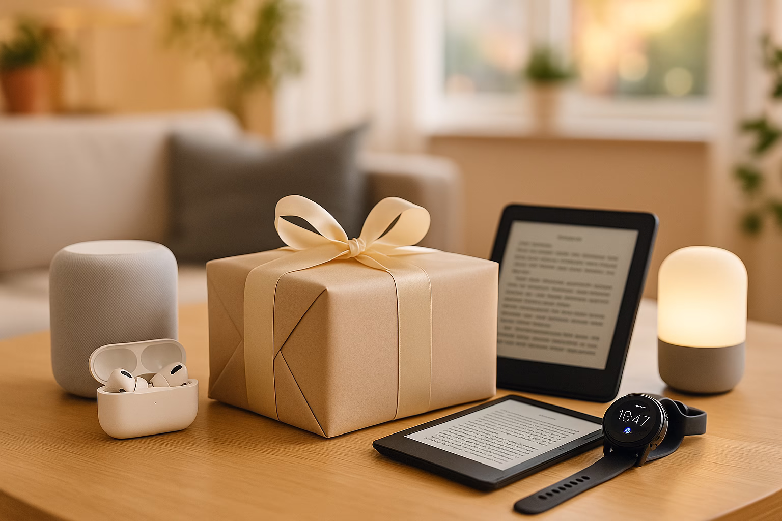 regalos-tecnologicos-dia-de-la-madre-2025 Regalos tecnológicos para el Día de la Madre 2025 sobre mesa en hogar acogedor