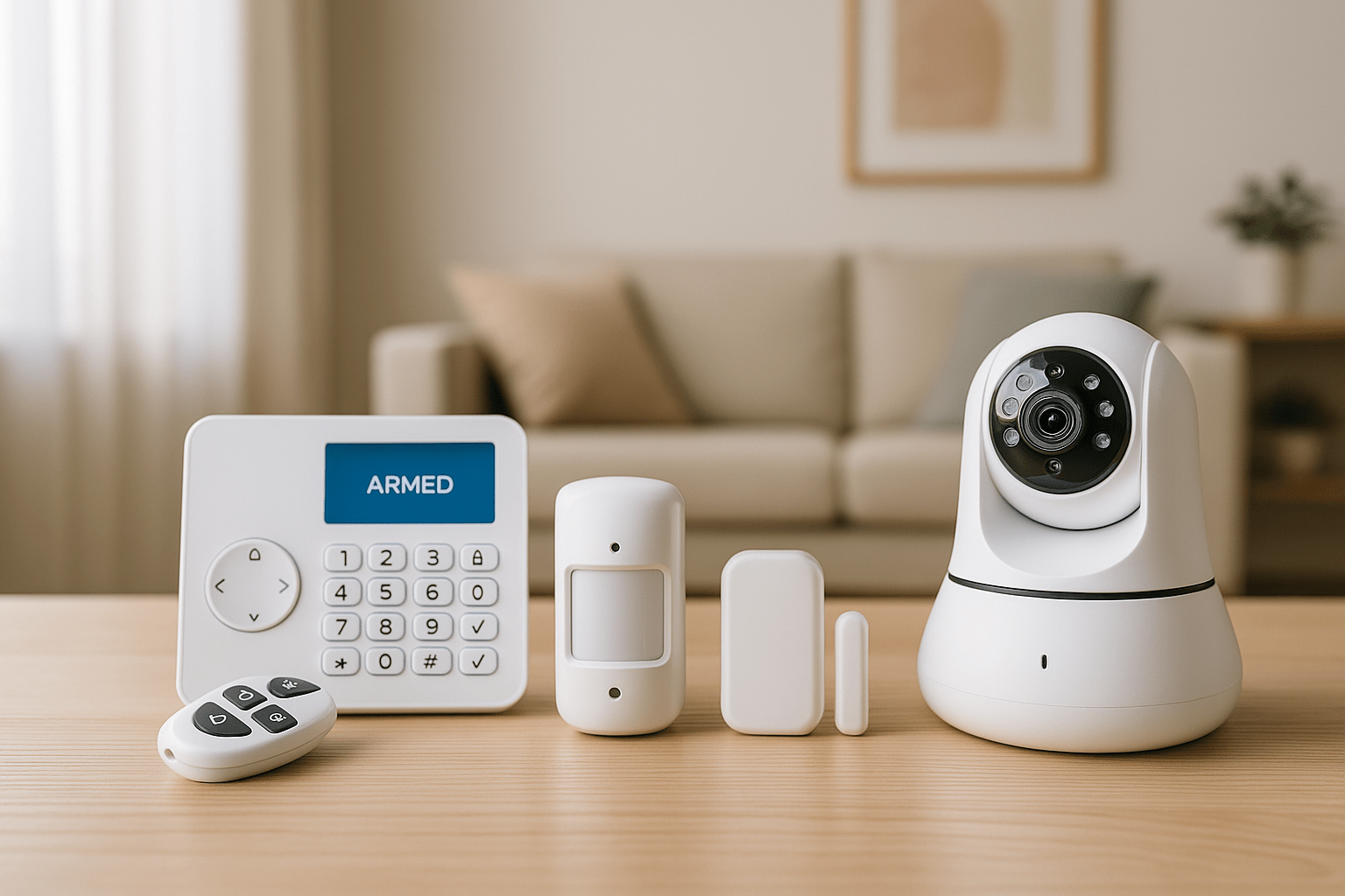 sistema-inalambrico-seguridad-hogar Sistema de seguridad inalámbrico para casa con cámara, sensores y teclado en una sala iluminada