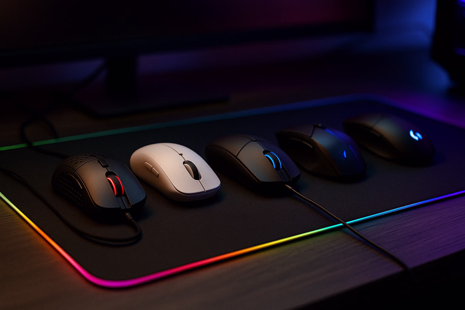top-5-ratones-gaming-2025 Comparativa visual de cinco ratones gaming destacados en 2025 sobre alfombrilla RGB iluminada