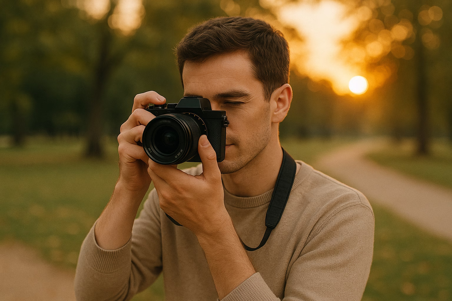 uso-camara-sin-espejo Uso de una cámaras sin espejo de 2025 en exteriores al atardecer.
