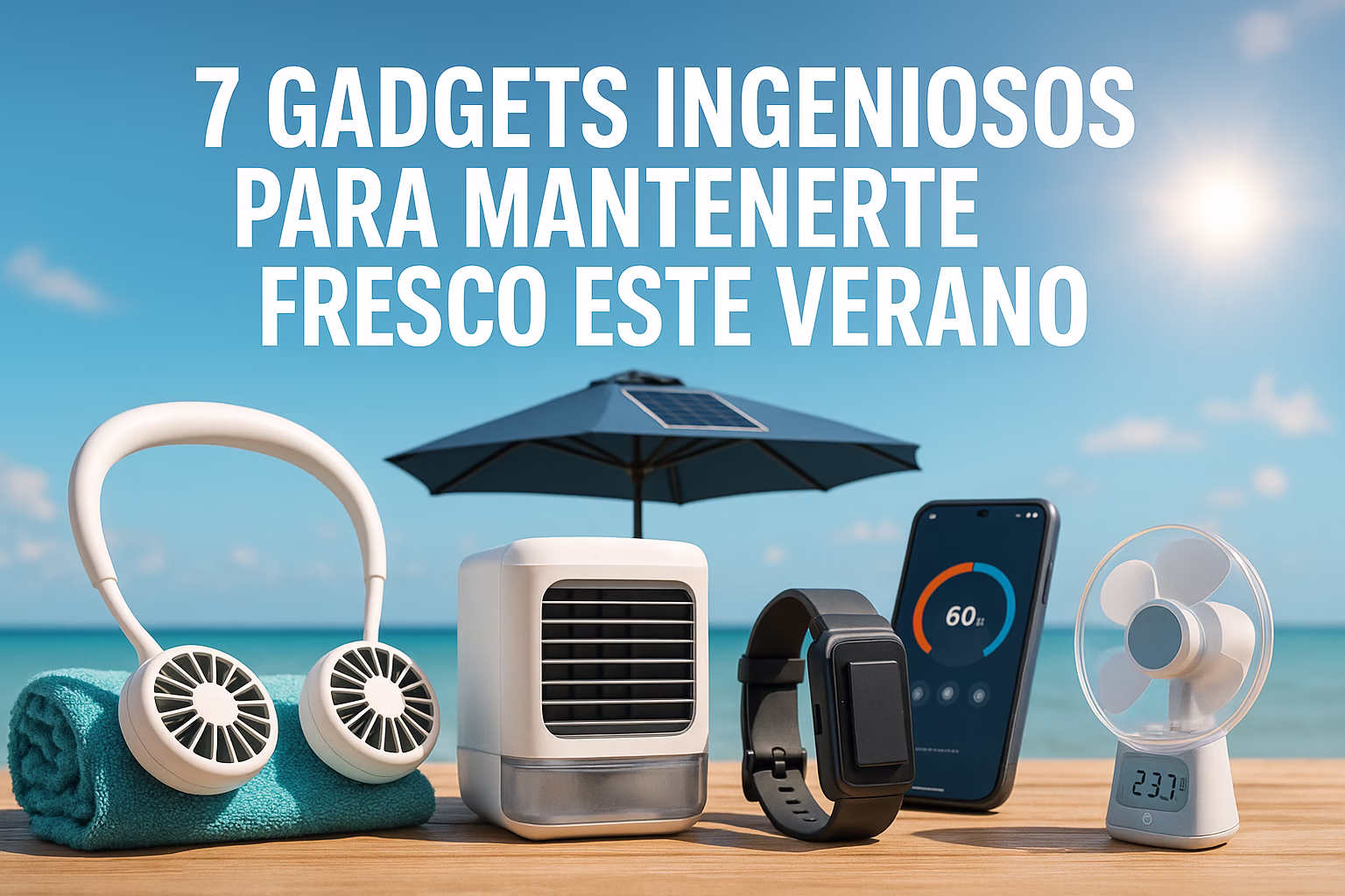 7-gadgets-ingeniosos-para-mantenerse-fresco-en-verano-2025 gadgets para mantenerse fresco en verano sobre una mesa frente al mar, diseñados para mantenerse fresco en verano, incluyendo un ventilador de cuello, un mini aire acondicionado, un reloj inteligente, un ventilador portátil con termómetro, un teléfono con app de temperatura y una sombrilla con panel solar.