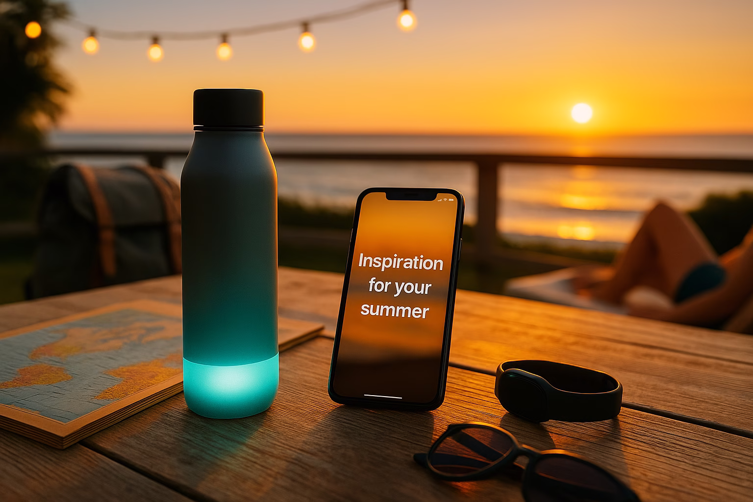 Seleccion-semanal-inspiracion-verano Dispositivos tecnológicos sobre mesa con app de viajes, luz cálida y ambiente veraniego que muestran gadgets tecnológicos para el verano