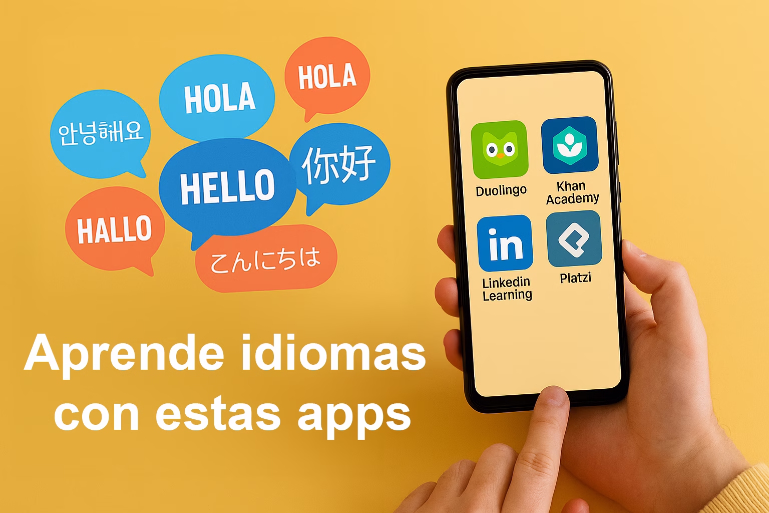 apps-para-aprender-idiomas-verano-portada Pantalla de móvil mostrando apps para aprender idiomas en verano como Duolingo y Platzi, con burbujas de saludos en varios idiomas sobre fondo amarillo