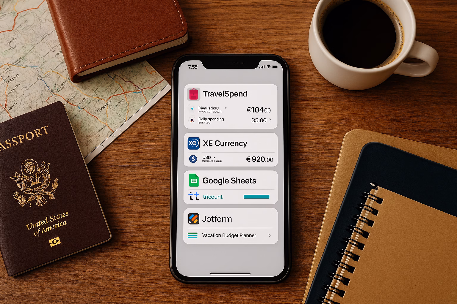 apps-presupuesto-vacaciones Vista cenital de mesa de madera con aplicaciones para planificar presupuesto vacaciones como TravelSpend, XE, Tricount, Google Sheets y Jotform abiertas en un móvil, junto a objetos de viaje.