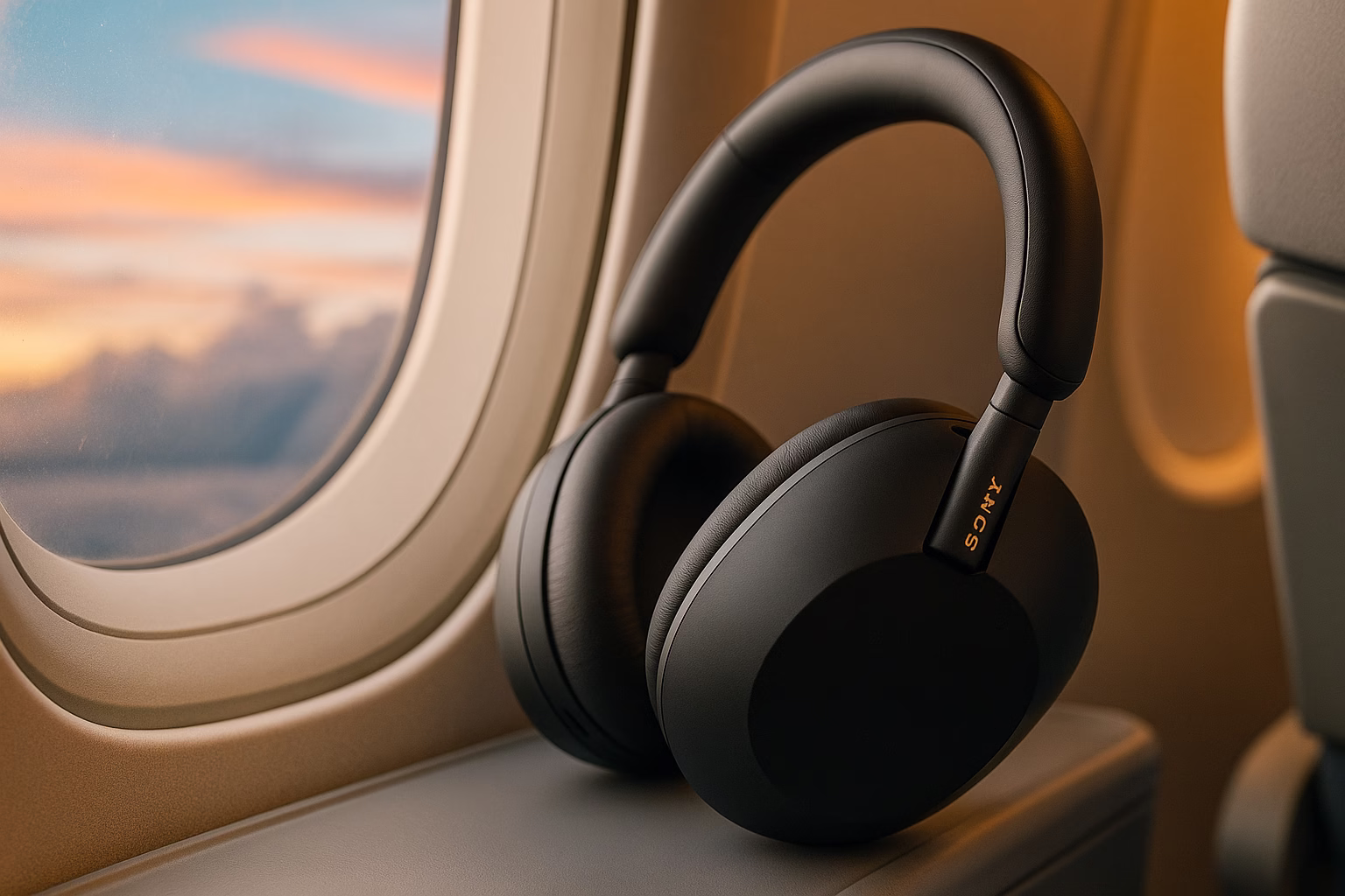 auriculares-con-cancelacion-de-ruido-para-viajar-2025 Auriculares Sony con cancelación de ruido apoyados en la ventana de un avión al atardecer, ideales para viajar en 2025.