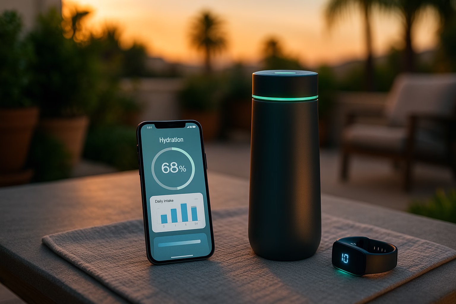botella-inteligente-terraza-app-hidratacion Botella inteligente sobre mesa de terraza con app de hidratación activa en móvil y luz LED encendida al atardecer que sirven de portada para wearables curiosos salud verano