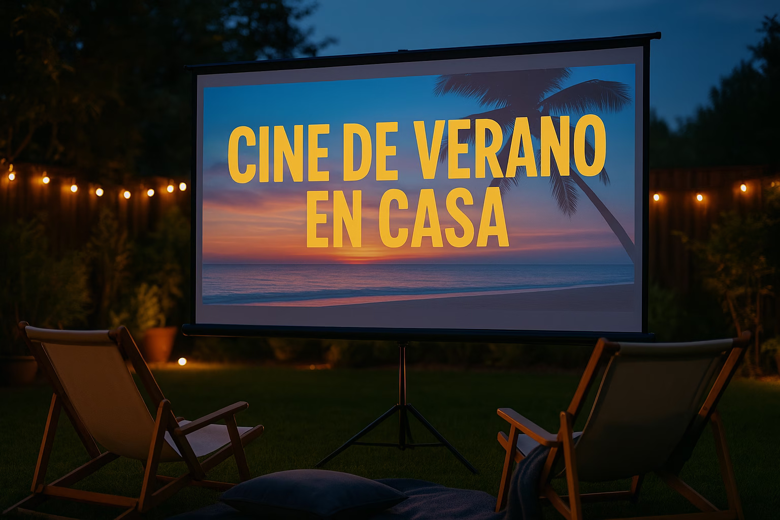 cine-de-verano-en-casa-playa Cine de verano en casa con pantalla decorada con escena de playa y texto llamativo sobre fondo tropical al anochecer
