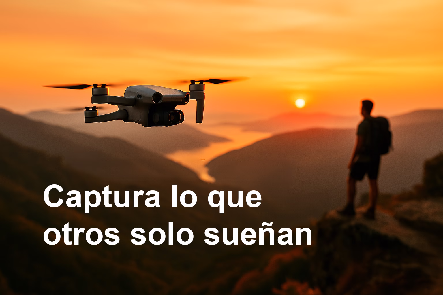 drones-compactos-viajes-2025-portada Dron compacto volando sobre montaña al atardecer con texto “Captura lo que otros solo sueñan"