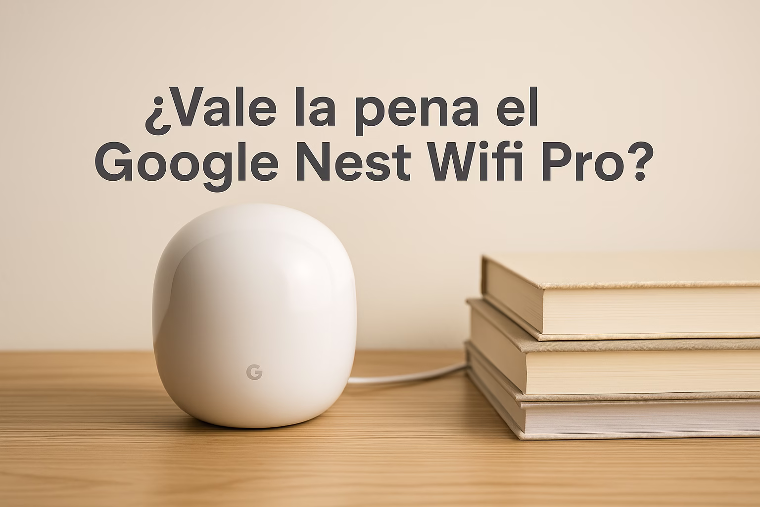 google-nest-wifi-pro-vale-la-pena Google Nest Wifi Pro sobre una mesa de madera junto a libros, con texto que pregunta si vale la pena en 2025