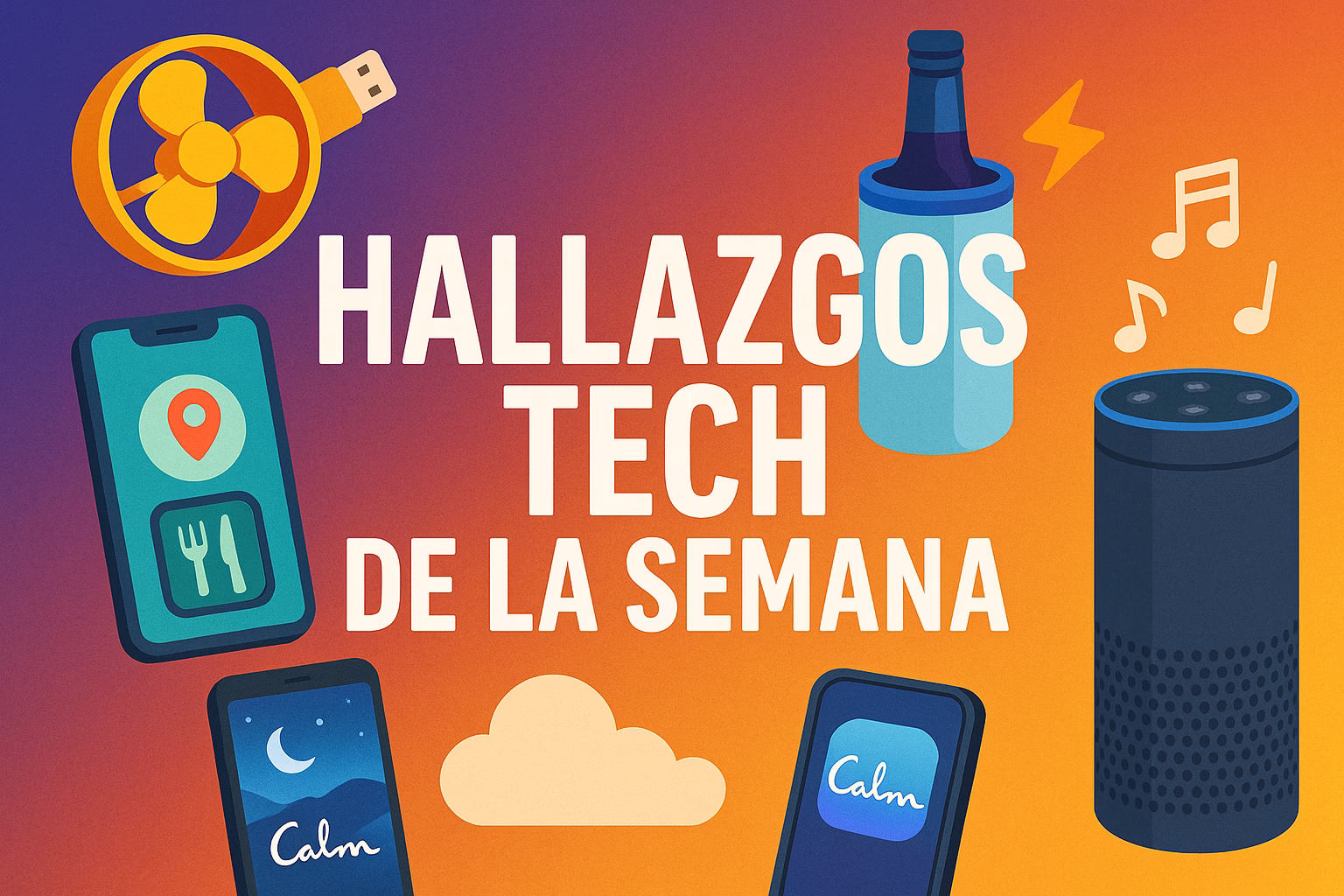 hallazgos-tech-de-la-semana Ilustración con los gadgets recomendados 2025 incluyendo ventilador USB, enfriador de botellas, altavoz Alexa, app Calm y localizador de chiringuitos