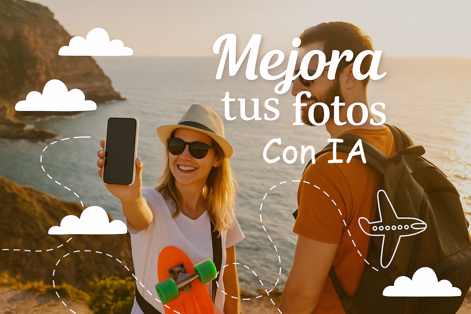 herramientas-ia-editar-fotos-vacaciones Pareja joven tomando una selfie durante sus vacaciones, con diseño gráfico sobrepuesto representando herramientas de inteligencia artificial para editar fotos