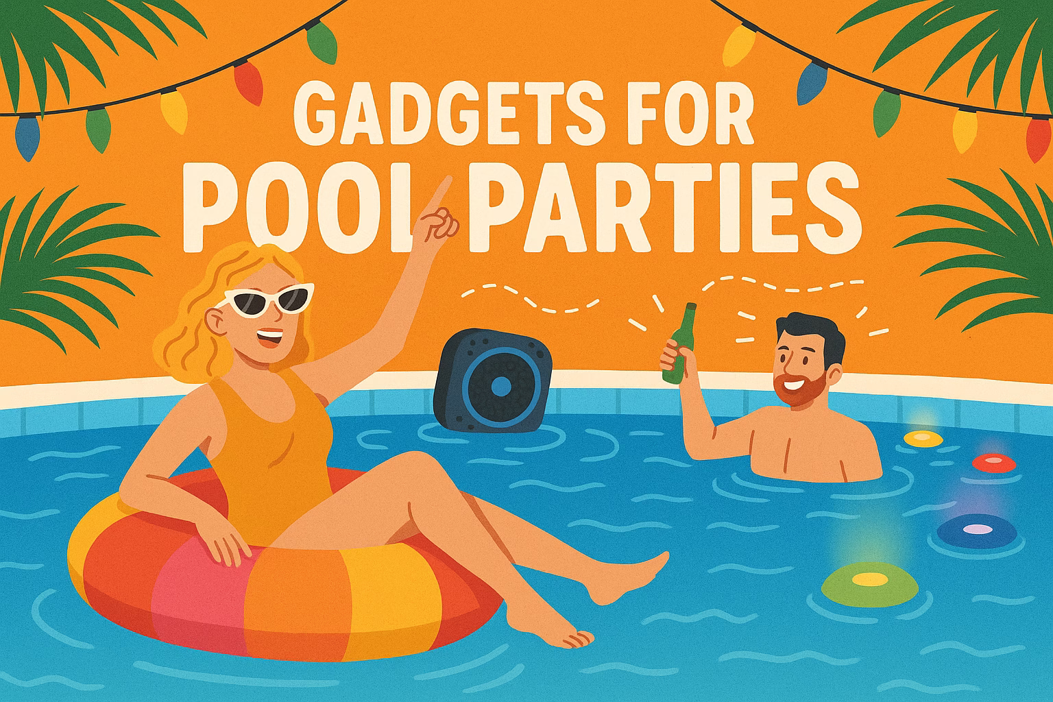 ilustracion-gadgets-fiesta-piscina-verano Ilustración veraniega de gadgets para fiestas en la piscina con personas disfrutando y altavoz flotante.