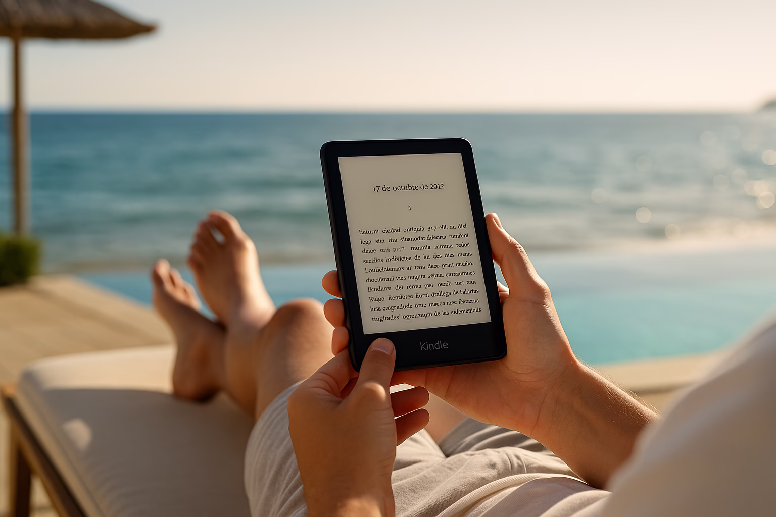 kindle-paperwhite-2025-portada Persona leyendo con Kindle Paperwhite 2025 al aire libre en vacaciones