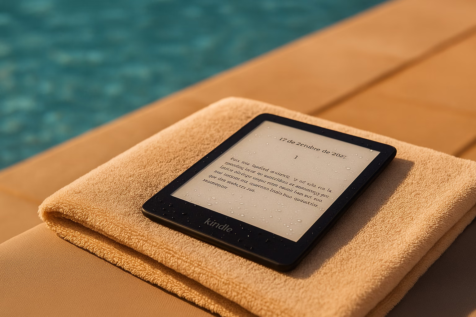 Kindle Paperwhite junto a piscina mostrando resistencia al agua