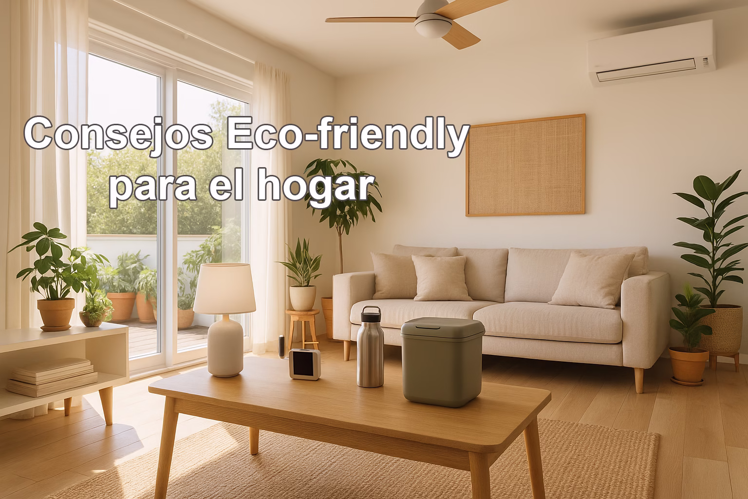 living-verano-eco-hogar-minimalista Sala de estar con tecnología hogar eco-friendly: plantas, lámpara con enchufe inteligente, compostador compacto y luz natural.