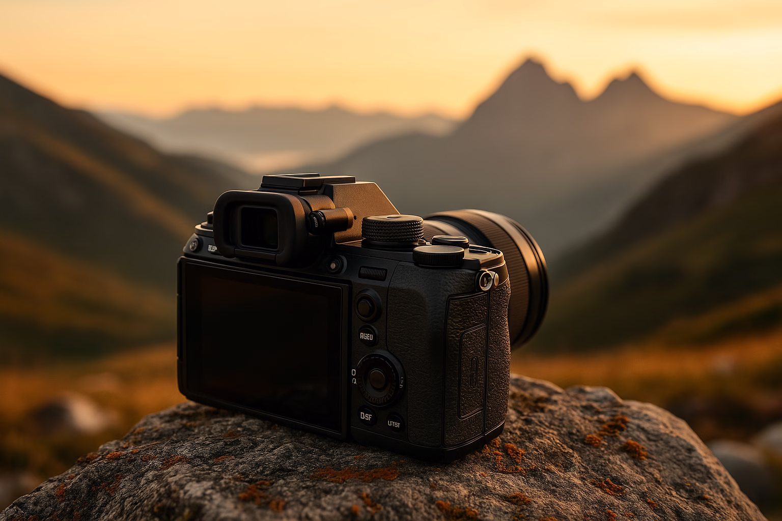 mejor-camara-para-viajar-2025 Cámara mirrorless negra sobre maleta de viaje, ideal para elegir la mejor cámara para viajar en 2025