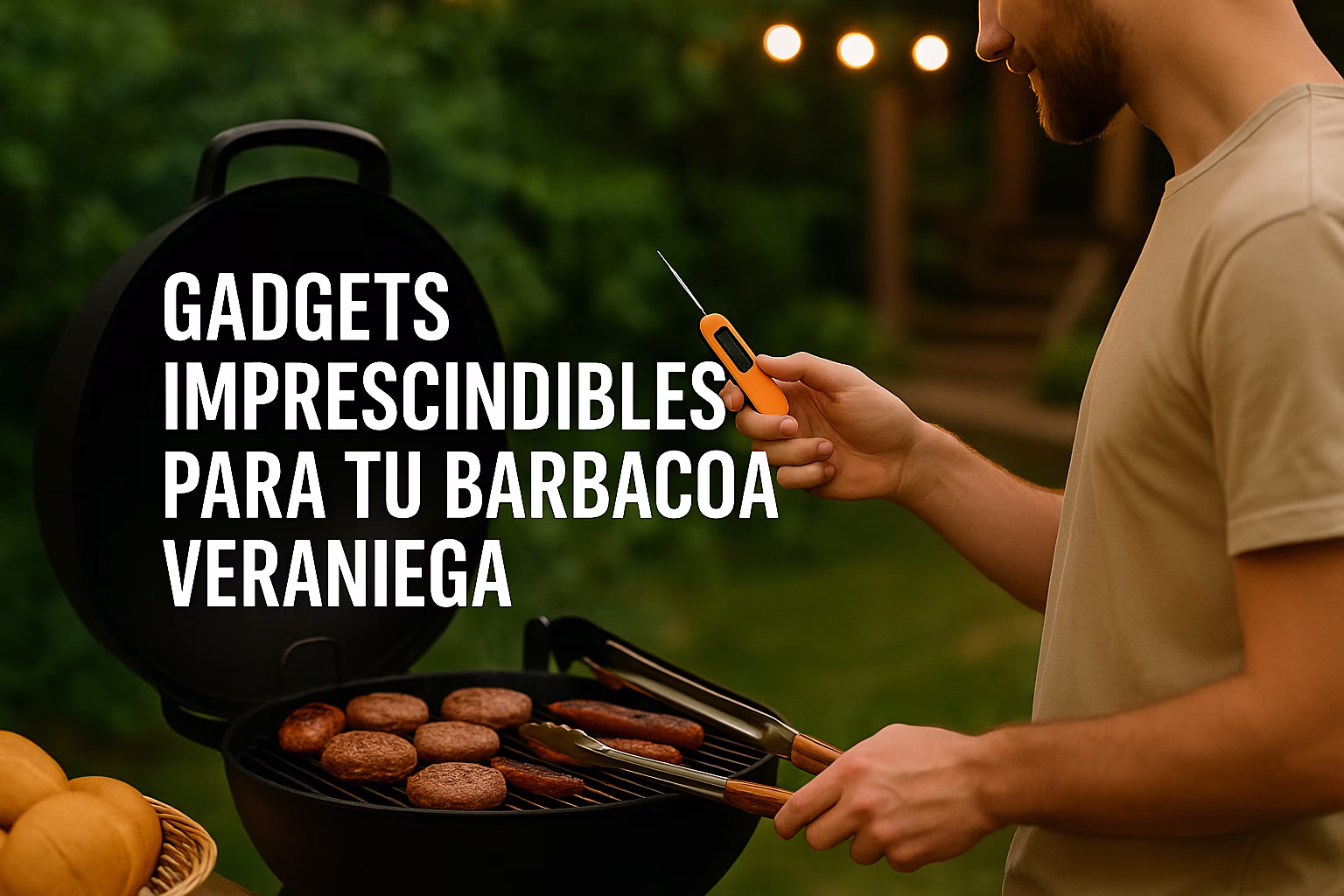 portada-barbacoa-gadgets-verano-ambiente Hombre usando termómetro y parrilla durante barbacoa al anochecer, con texto destacado sobre gadgets para barbacoa verano 2025
