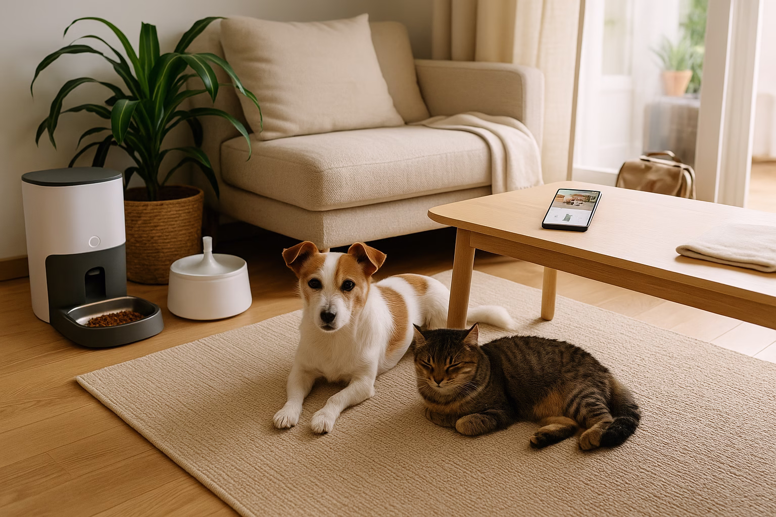 portada-gadgets-cuidar-mascota-vacaciones Perro y gato descansando junto a gadgets inteligentes en casa mientras su dueño está de viaje