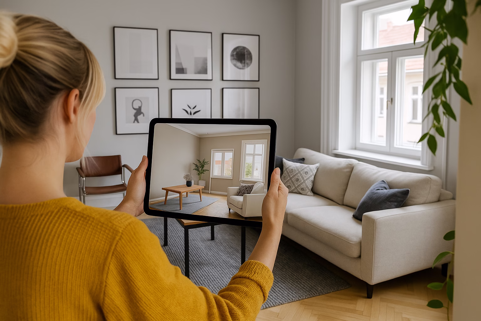 realidad-aumentada-decoracion-hogar Mujer usando realidad aumentada desde su móvil para decorar un salón moderno con muebles virtuales.