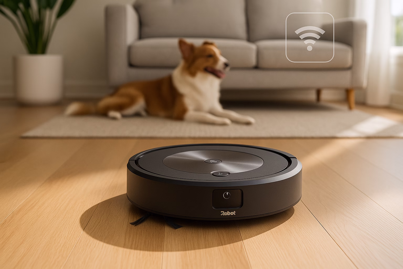 robot-aspirador-roomba-j7-limpiando-salon Robot aspirador inteligente Roomba j7 limpiando un salón moderno con suelos de madera clara y decoración minimalista
