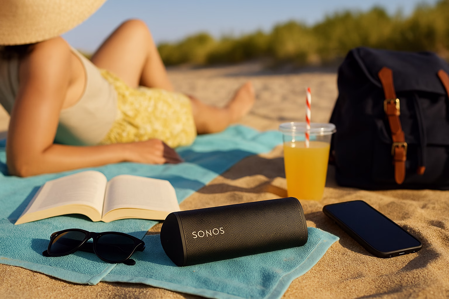 sonos-roam-2-altavoz-portatil-verano Altavoz portátil Sonos Roam 2 en uso durante una escapada de verano en la playa o parque