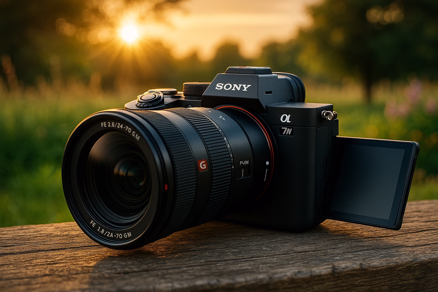 sony-a7-iv-camara-hibrida-portada Sony A7 IV cámara híbrida sobre banco de madera al atardecer, con lente 24-70mm G Master y fondo natural desenfocado