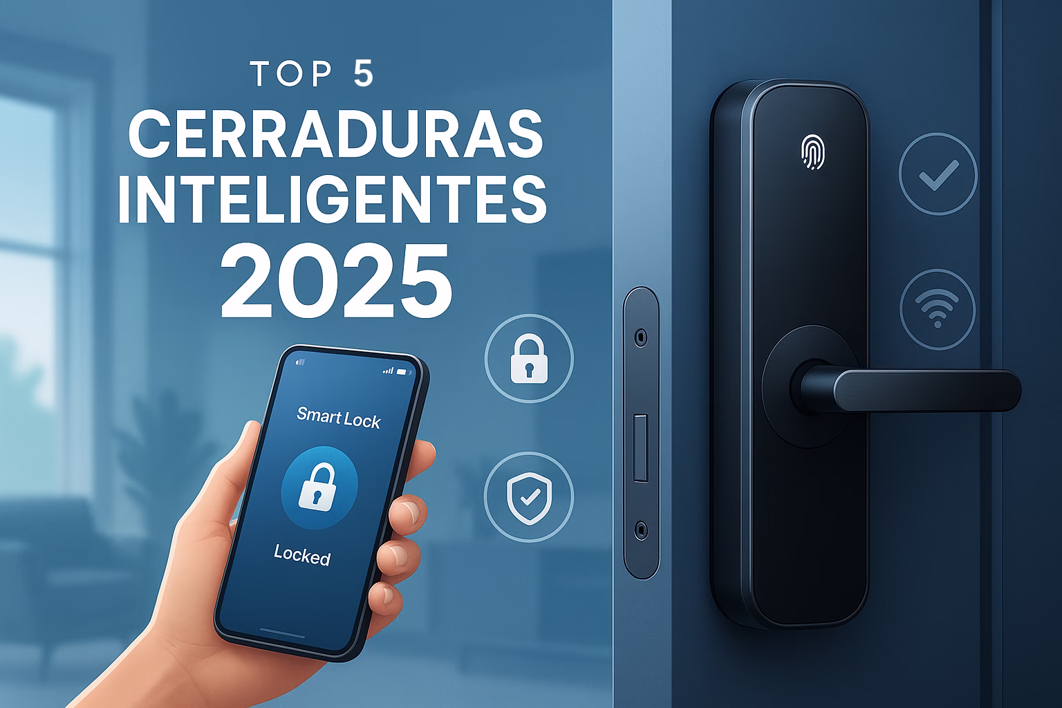 top-cerraduras-inteligentes-2025 Cerraduras inteligentes 2025 modernas en puerta azul con app de control y símbolos de seguridad.