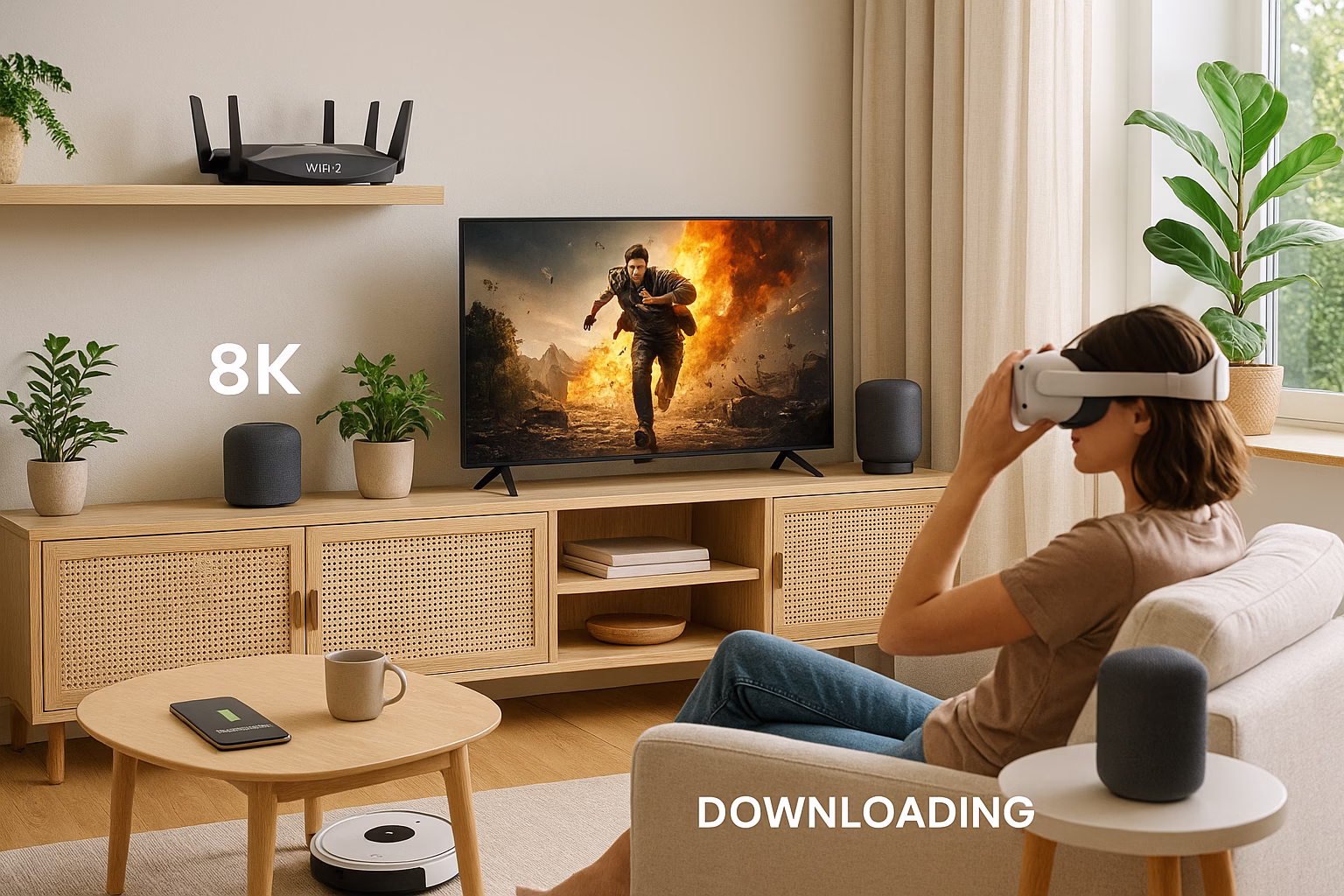 wifi7-smart-home-connected-devices WiFi 7 en el hogar inteligente con varios dispositivos conectados con la usuario disfrutando de una pelicula en vr