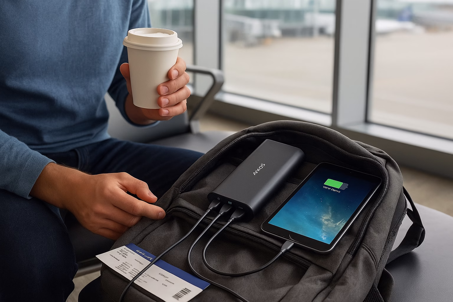 anker-powercore-26800-portatil-aeropuerto Viajero en sala de espera de aeropuerto usando el Anker PowerCore 26800 portátil para cargar su móvil y tablet desde la mochila