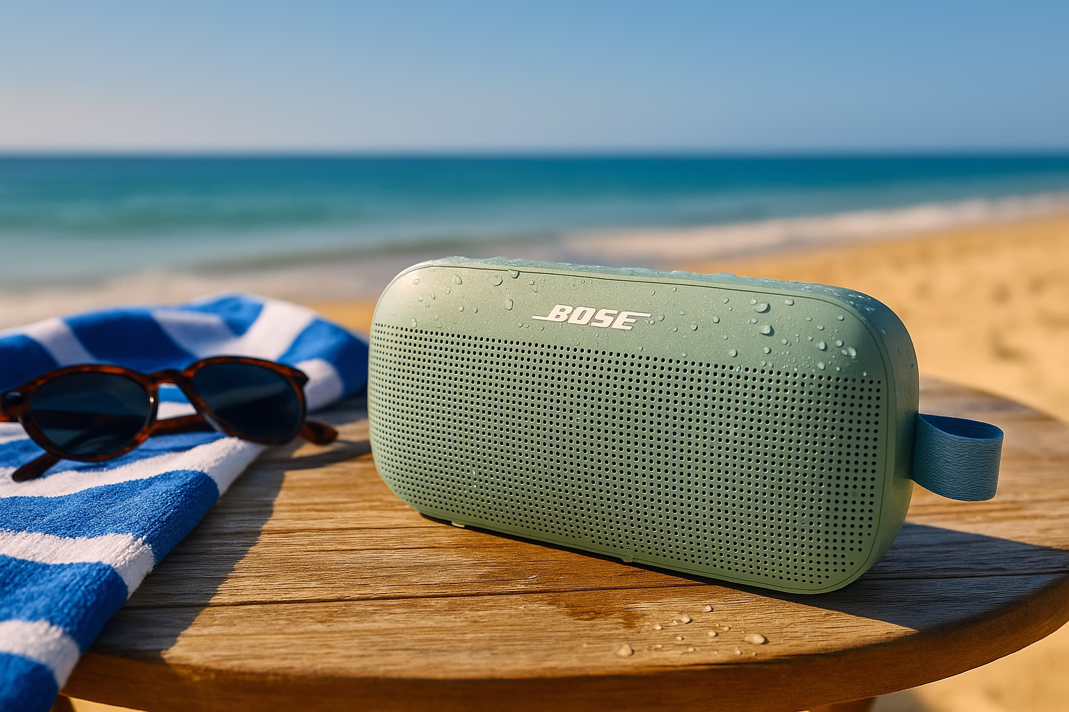 bose-soundlink-flex-portatil-playa Altavoz Bose SoundLink Flex resistente al agua junto a una toalla en la playa
