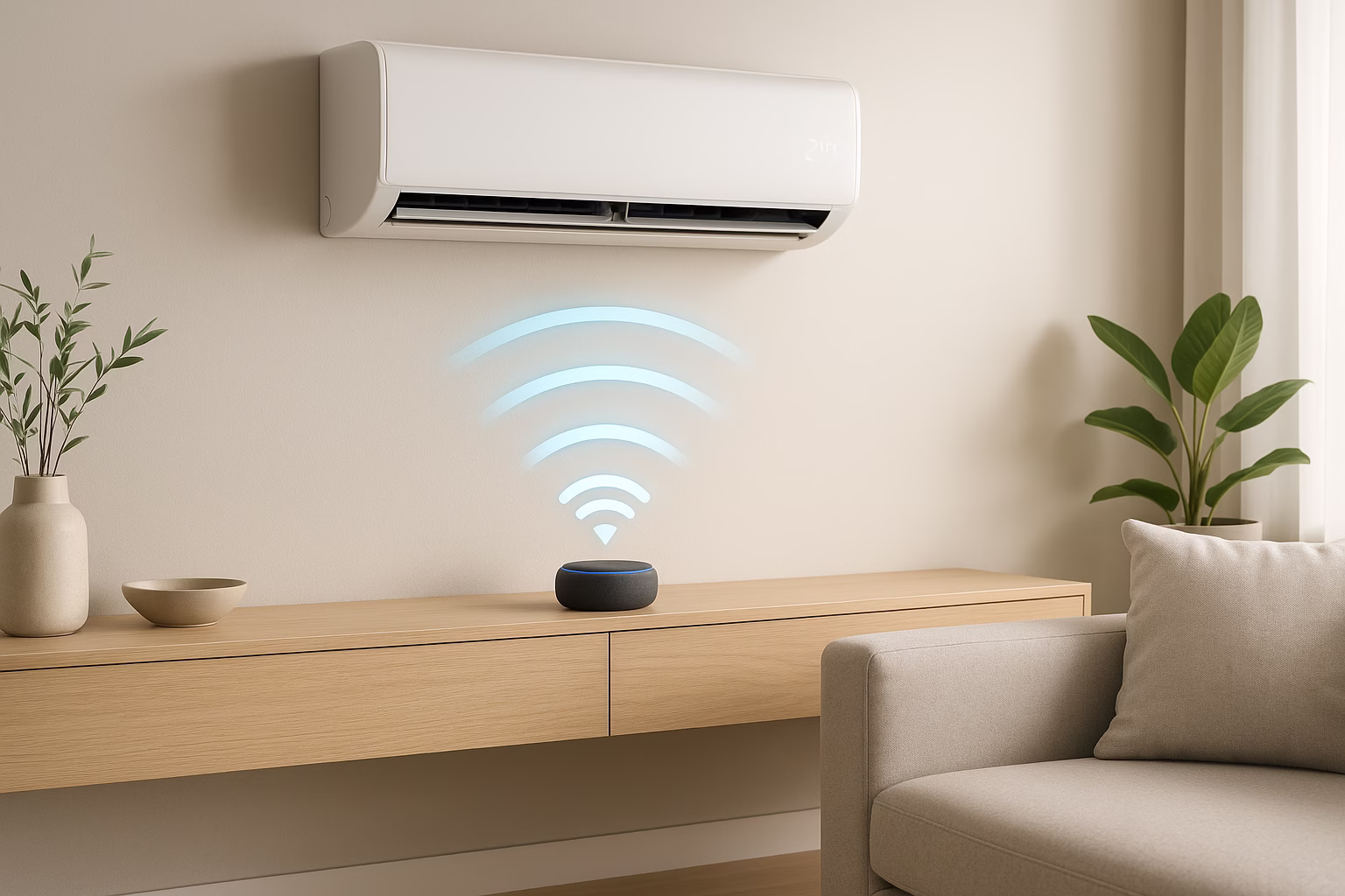 control-aire-acondicionado-smart Imagen de un salón moderno con aire acondicionado inteligente y asistente de voz enviando señal WiFi.