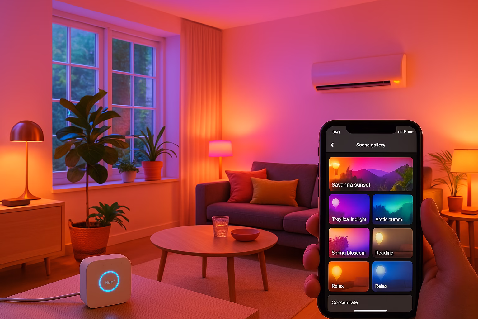 philips-hue-verano Sala de estar moderna iluminada con luces Philips Hue White and Color Ambiance en colores veraniegos.