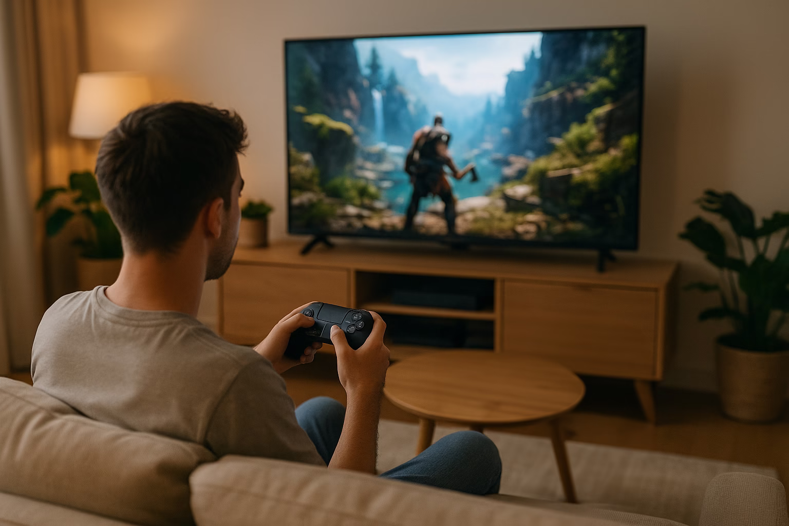plataformas-videojuegos-nube-2025 Jugador disfrutando videojuegos en la nube desde su salón sin consola, con mando y tablet.