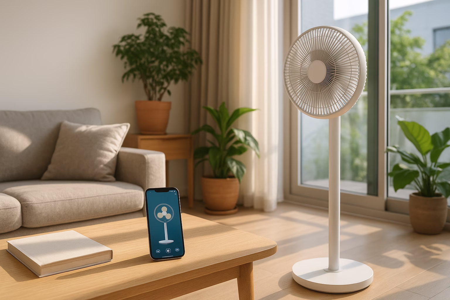 ventiladores-pie-inteligentes-2025-portada Ventiladores de pie inteligentes en salón moderno con app en móvil visible.