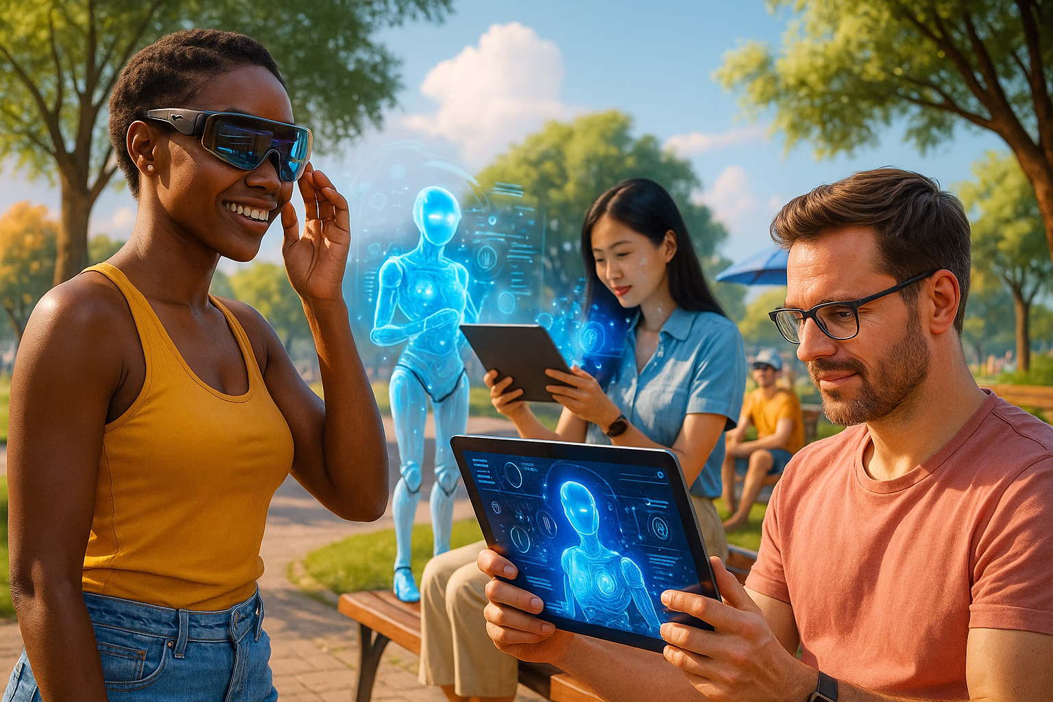 tendencias-tecnologicas-verano-2025 Escena futurista de verano 2025 con personas usando inteligencia artificial, gafas de realidad aumentada y robots.
