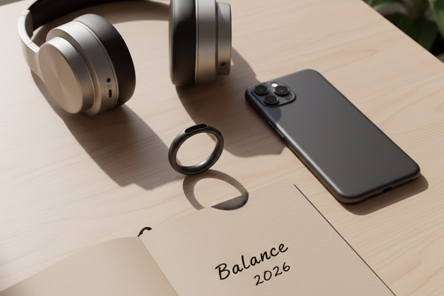 mejor-tecnologia-bienestar-personal-2026-escritorio Escritorio minimalista con anillo inteligente, audífonos premium y libreta con el texto Balance 2026 sobre madera. Mejor tecnología para bienestar personal 2026