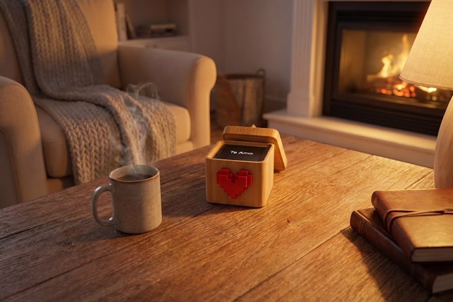 regalos-tecnologicos-san-valentin-2026-originales Corazón pixelado en caja de madera inteligente como ejemplo de regalos tecnológicos San Valentín 2026 originales en un salón acogedor.