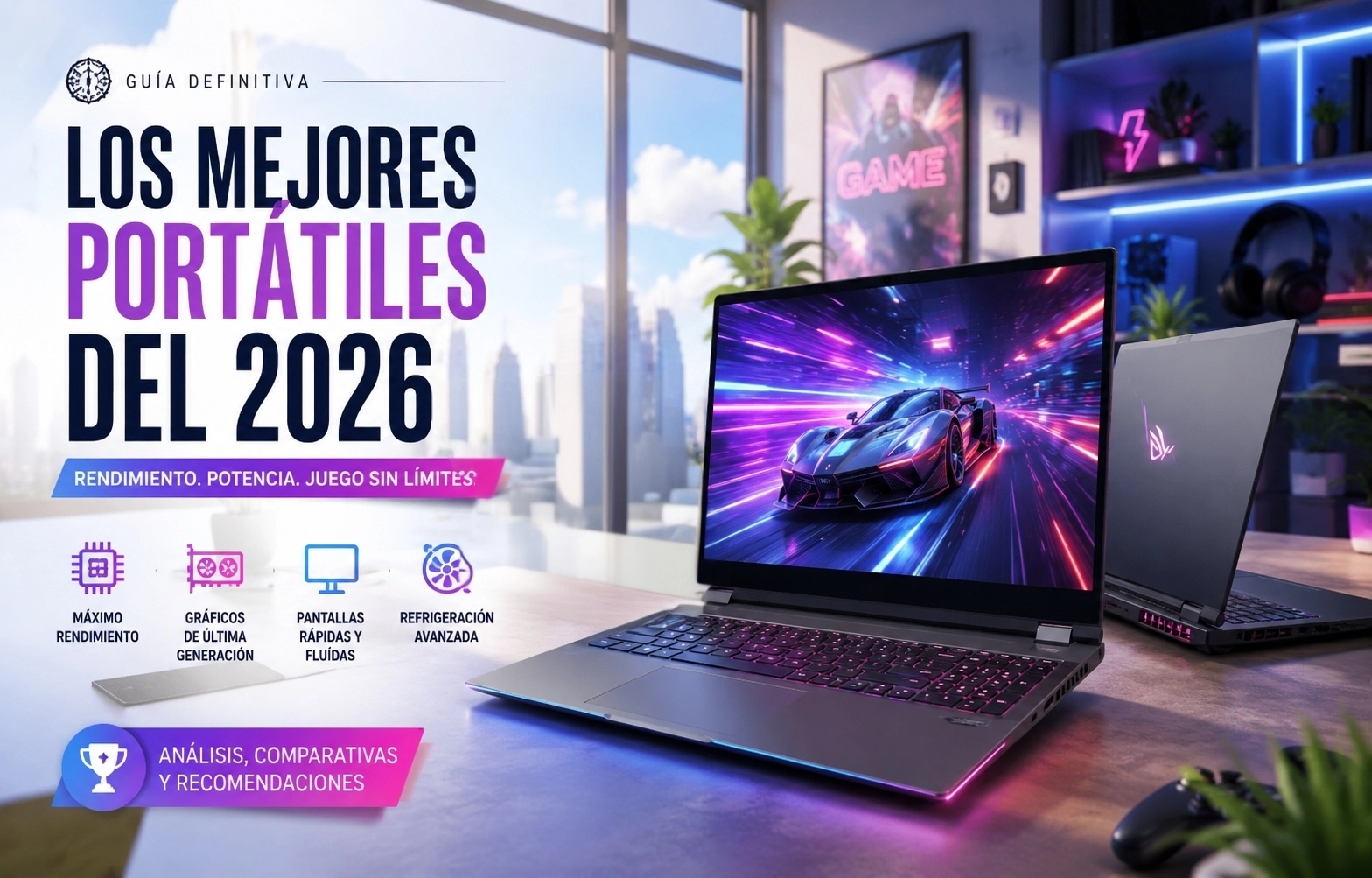 Los mejores portátiles gaming de 2026 sobre un setup con iluminación RGB