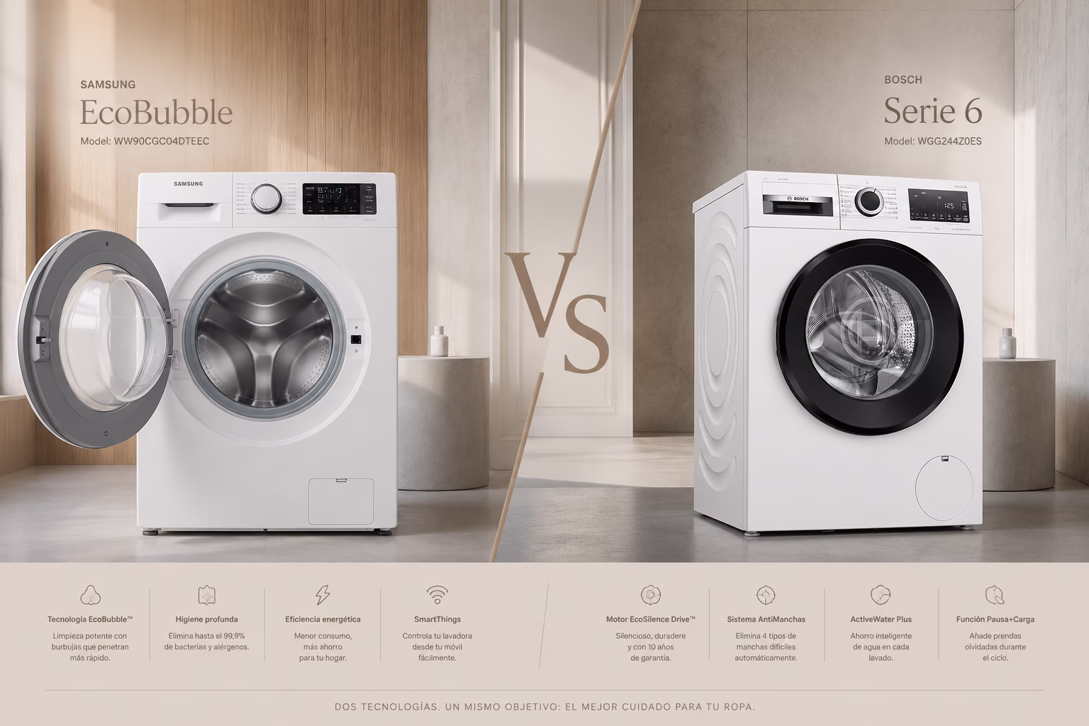 samsung-ecobubble-vs-bosch-serie6-portada-comparativa Portada comparativa Samsung EcoBubble WW90CGC04DTEEC vs Bosch WGG244Z0ES Serie 6, lavadoras enfrentadas con divisor VS central, cuarto de lavado premium con madera y microcemento, iconos de características destacadas en la base